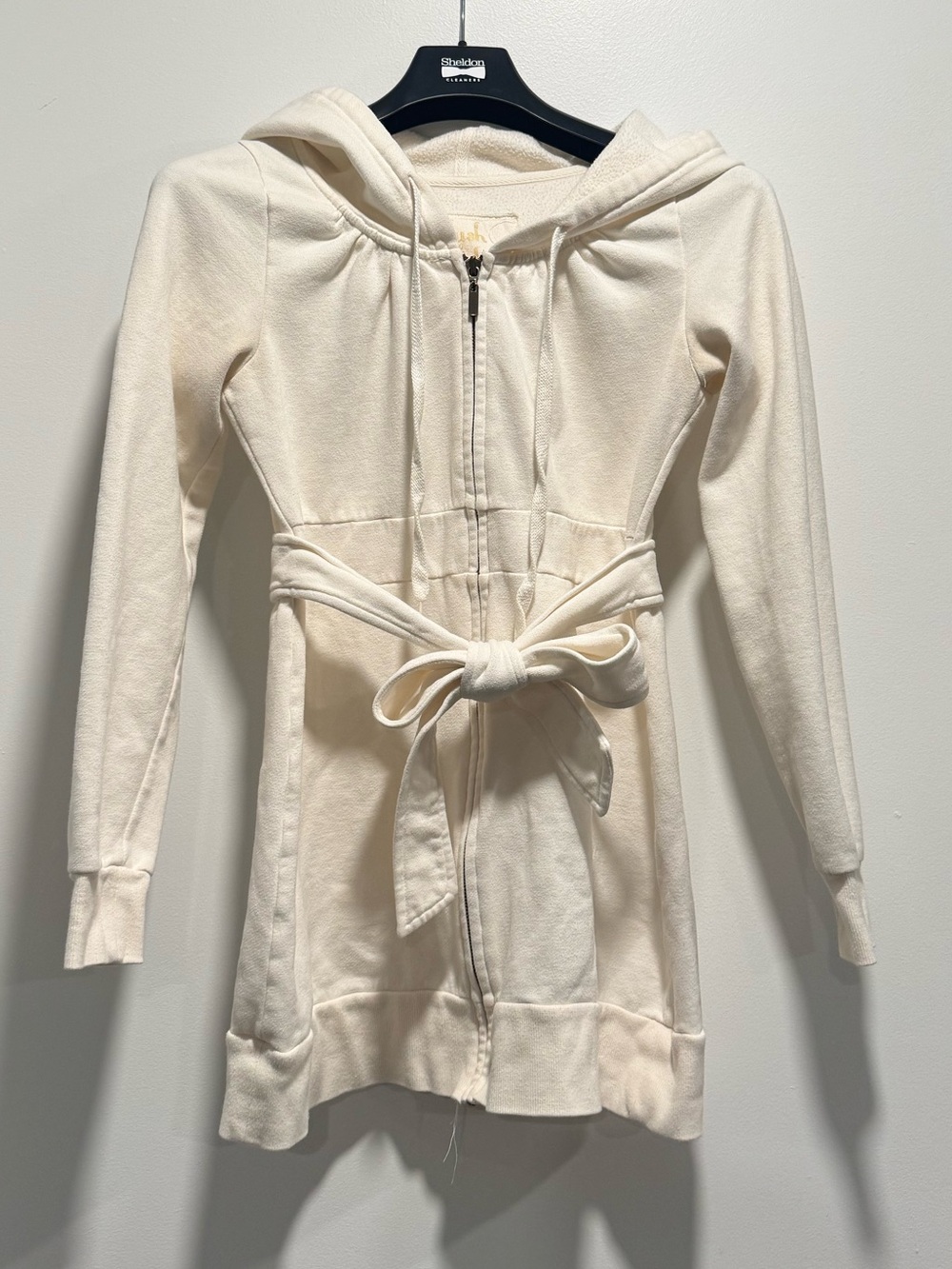 Women's Cream Zip-Front Hooded Tunic with Tie Belt